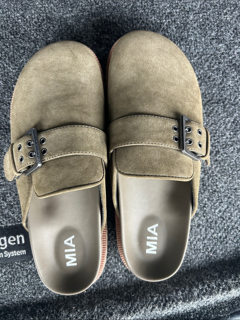 MIA Olive Suede Buckle Slip-Ons